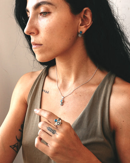 N149- PHOOL SET Blue Rainbow Moonstone Earrings, Necklace & Ring