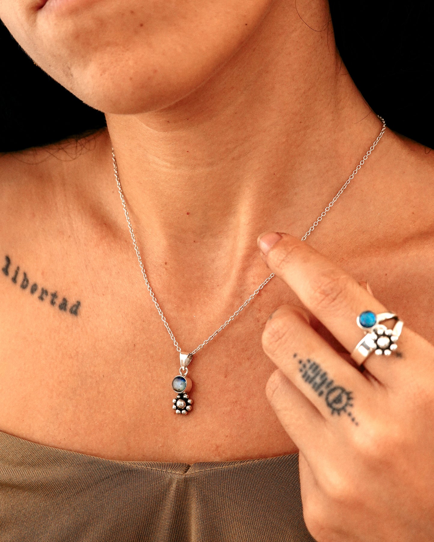 N149- PHOOL SET Blue Rainbow Moonstone Earrings, Necklace & Ring