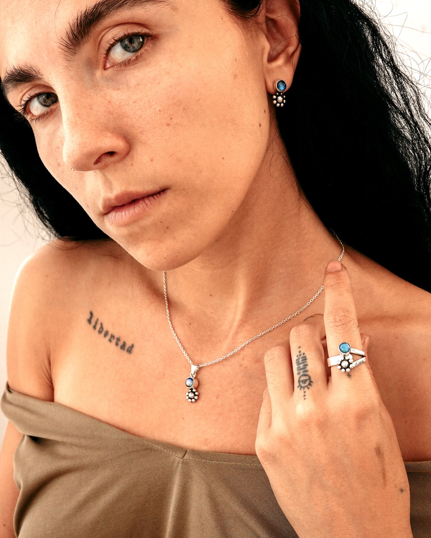 N149- PHOOL SET Blue Rainbow Moonstone Earrings, Necklace & Ring