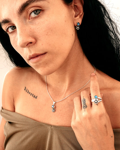 N149- PHOOL SET Blue Rainbow Moonstone Earrings, Necklace & Ring