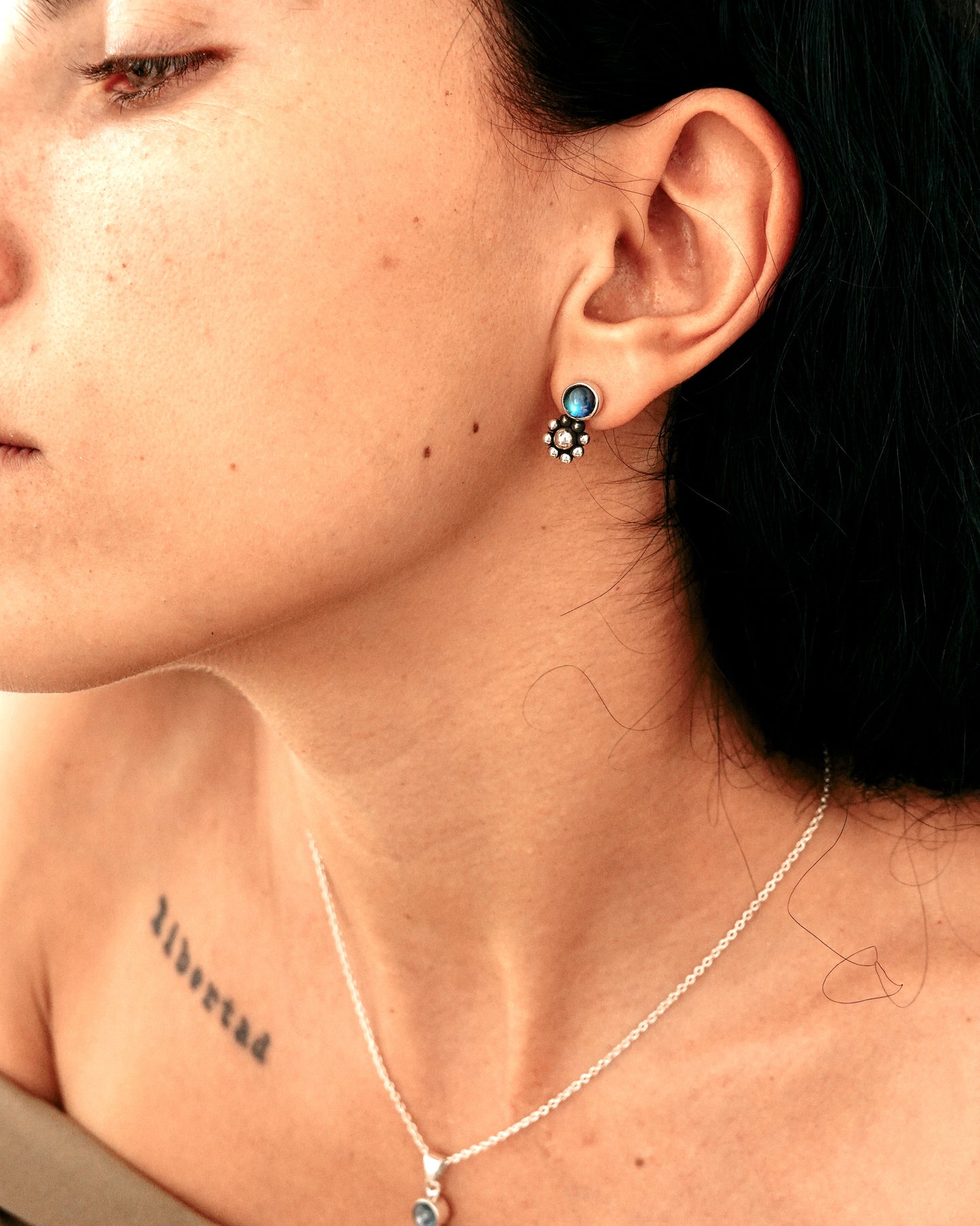 N149- PHOOL SET Blue Rainbow Moonstone Earrings, Necklace & Ring