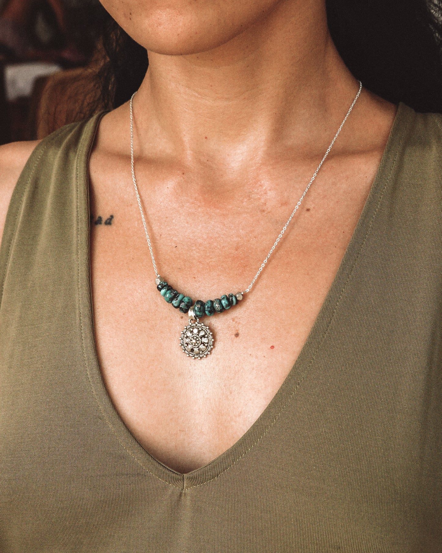 N127 -Natural Turquoise  & Silver Necklace