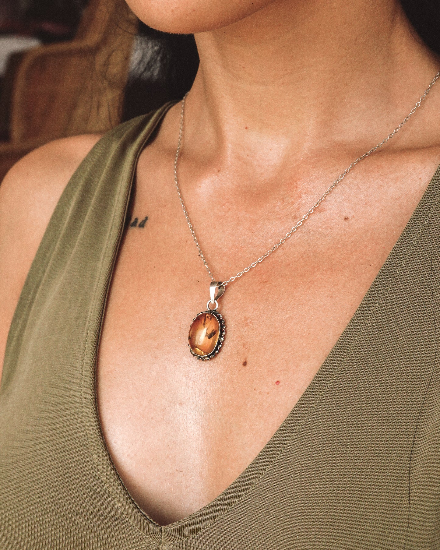 N130 -Mexican Amber Delicate Silver Necklace
