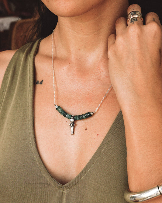 N129 -Natural Turquoise & Antique Bead Silver Necklace