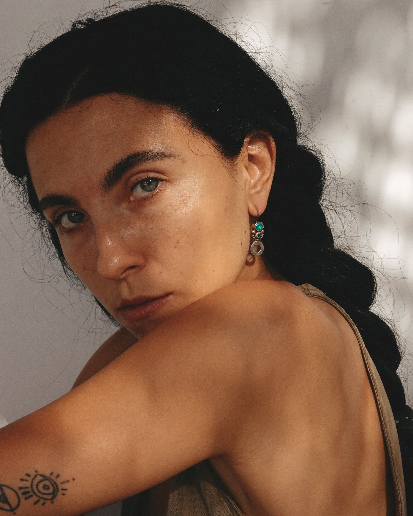 N141- Apatite & Turmaline Silver earrings (Small scratch on the stones)