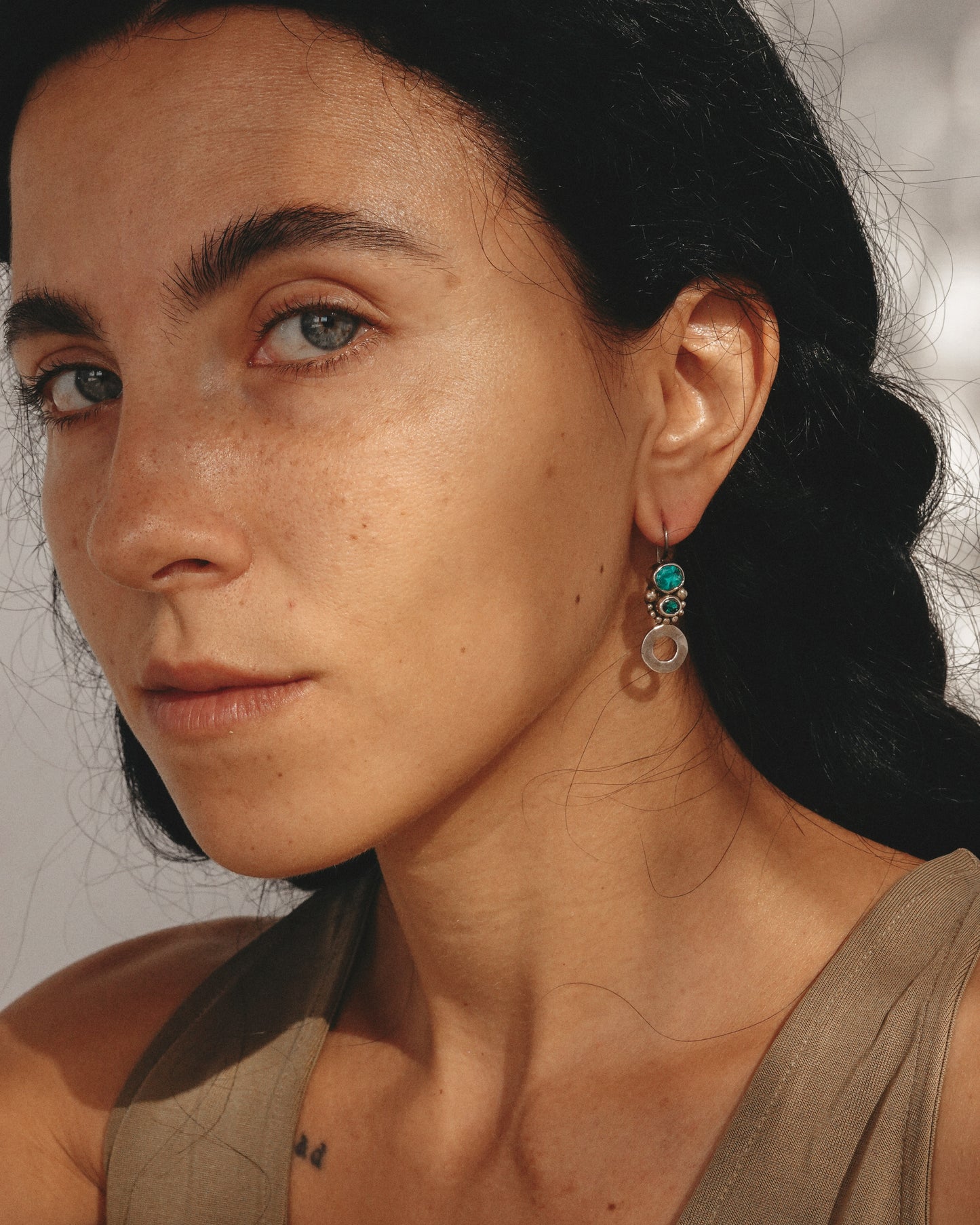 N141- Apatite & Turmaline Silver earrings (Small scratch on the stones)