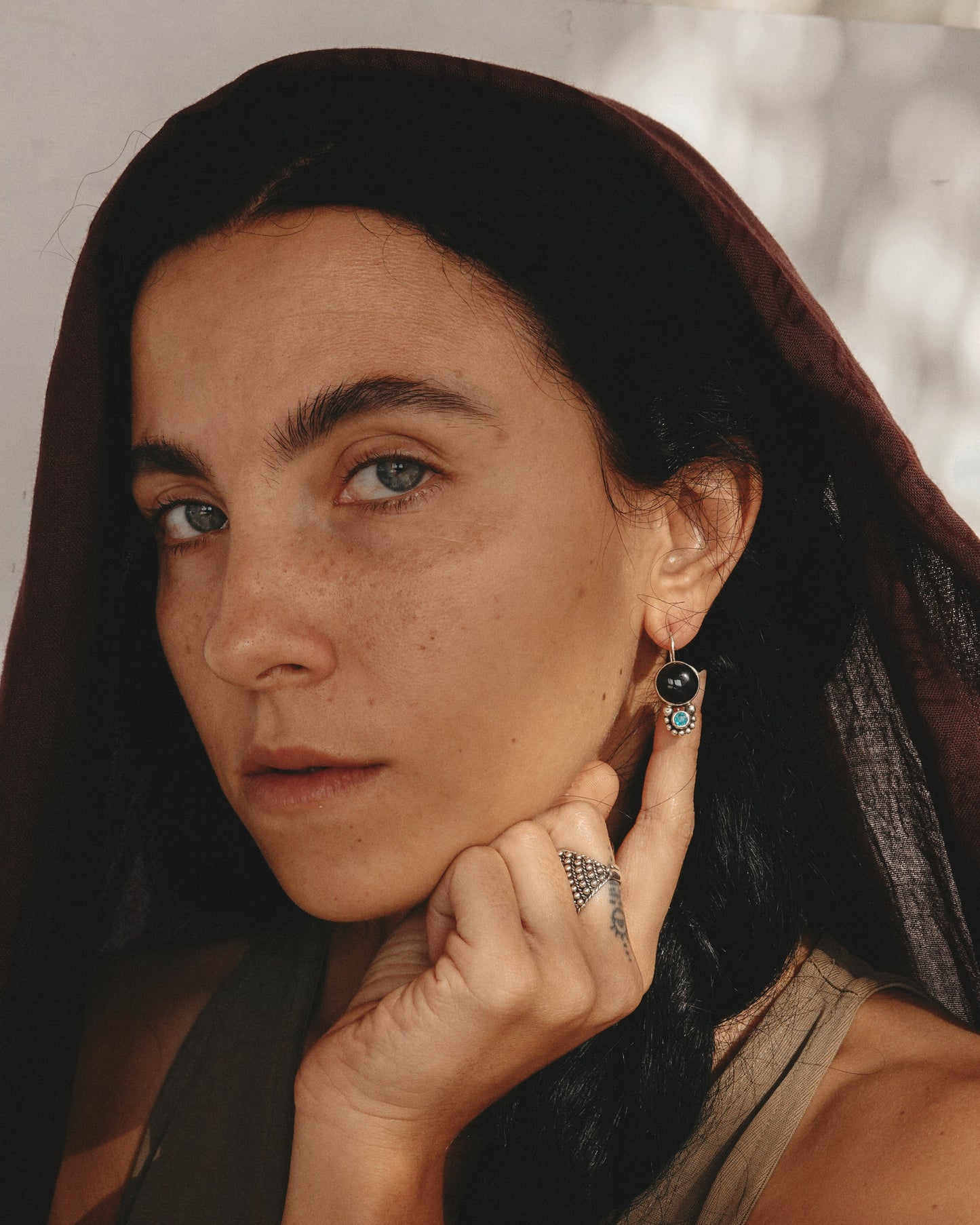 N136- Black Onyx & Turmaline Silver Earrings