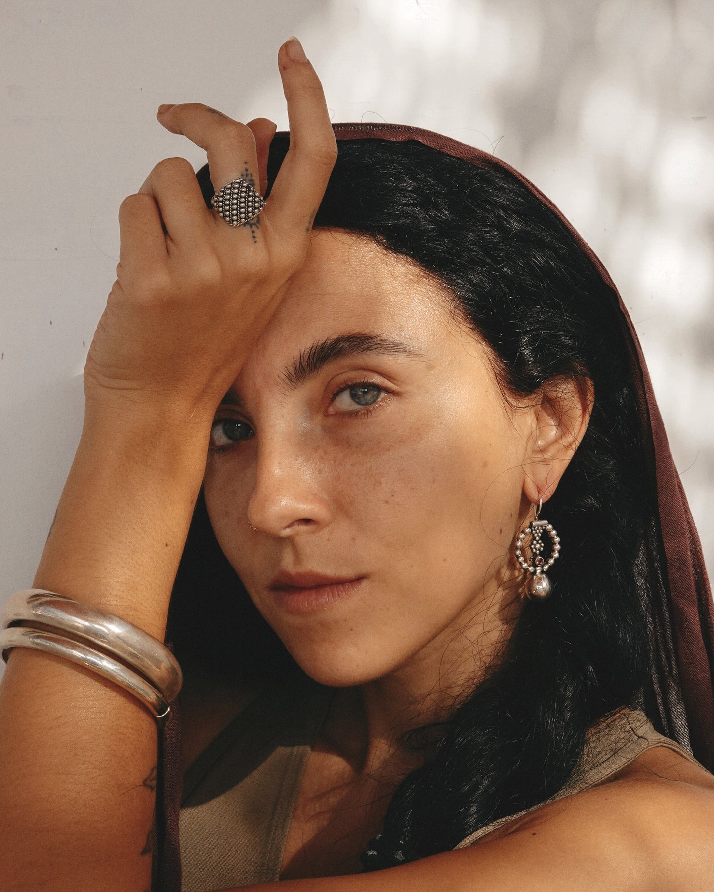 N147- Pink Turmaline & Granules  Silver earrings