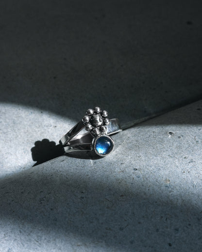 N149- PHOOL SET Blue Rainbow Moonstone Earrings, Necklace & Ring