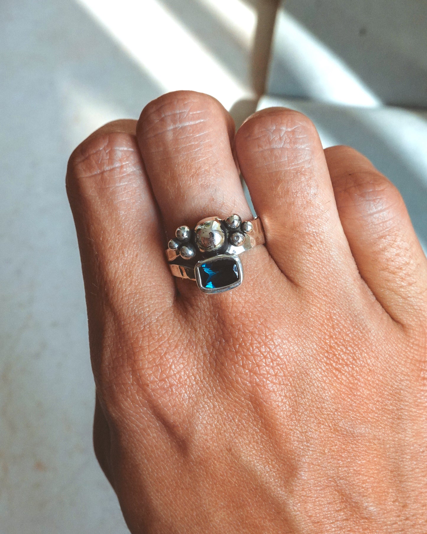 N114 - Night blue Topaz Adjustable Silver Ring