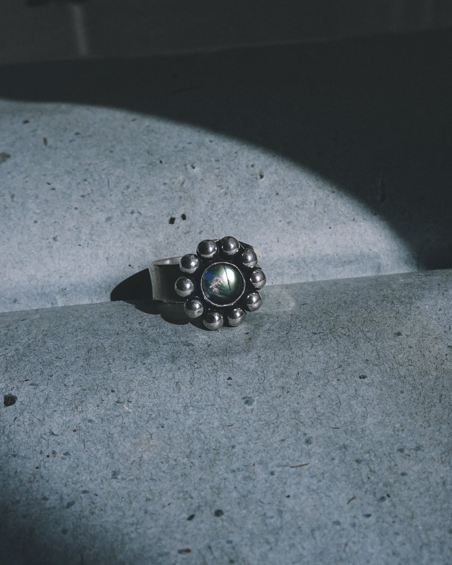 N116 - Phool Rainbow moonstone  Adjustable Silver Ring