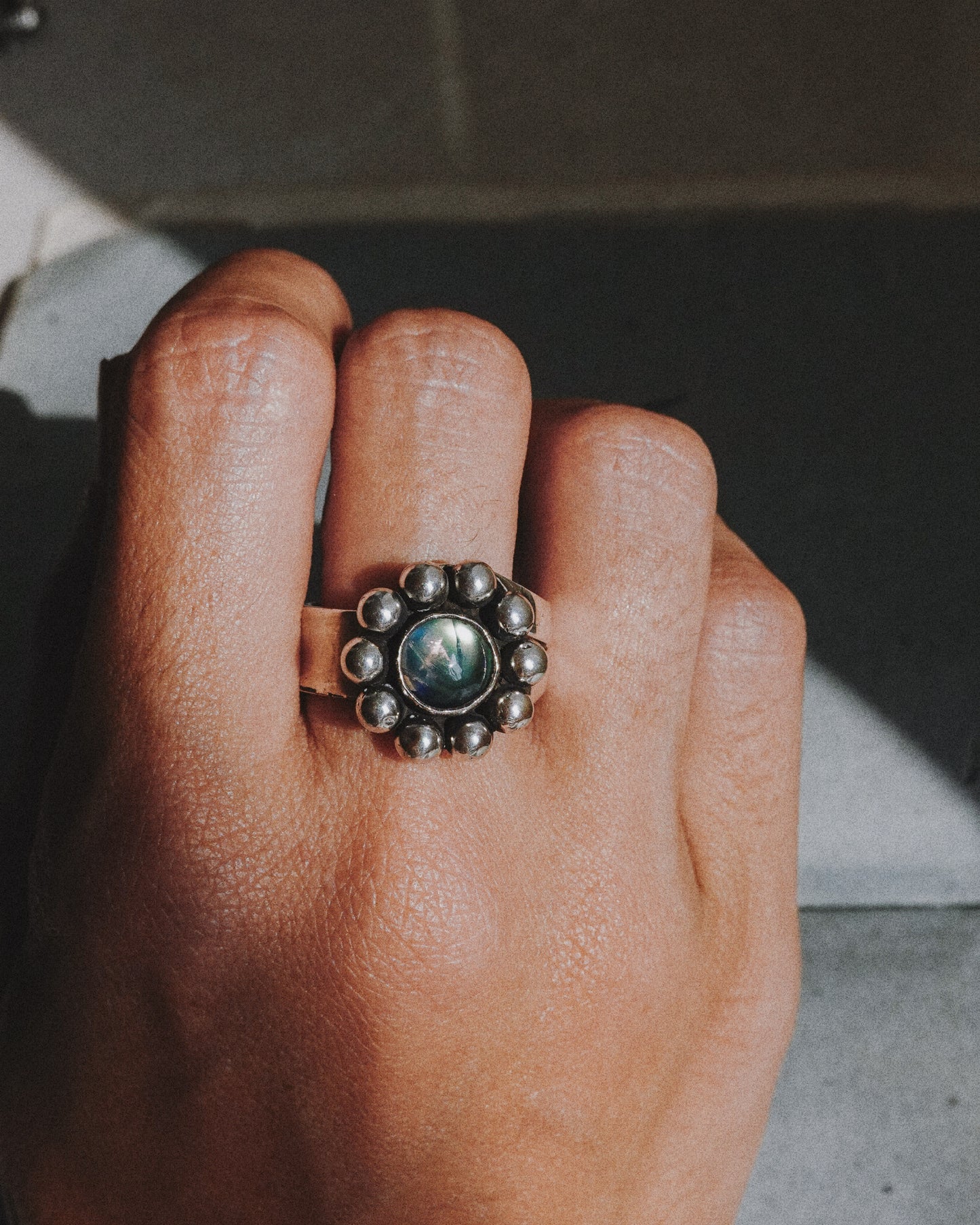 N116 - Phool Rainbow moonstone  Adjustable Silver Ring