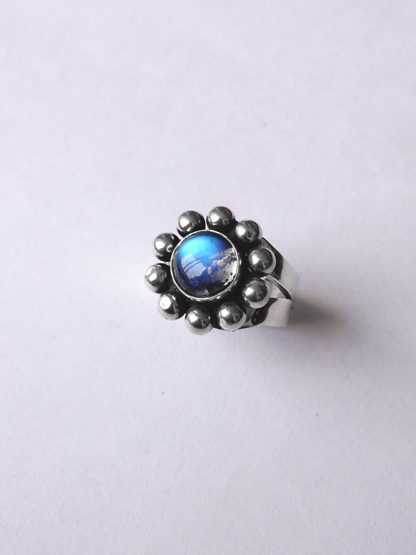 N118 - Phool Rainbow moonstone  Adjustable Silver Ring