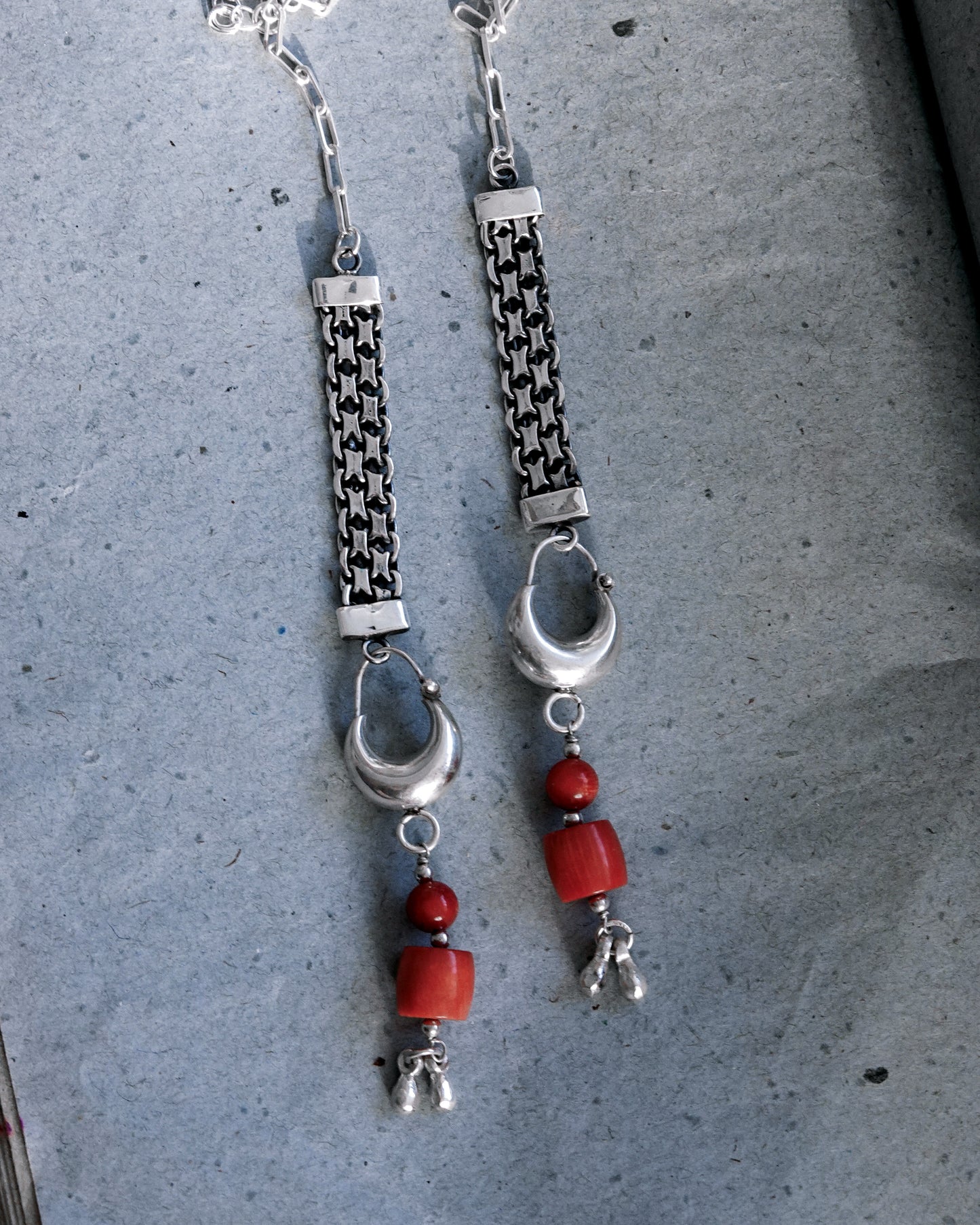 N135- Jela Climb Up With Natural Coral Silver Earrings