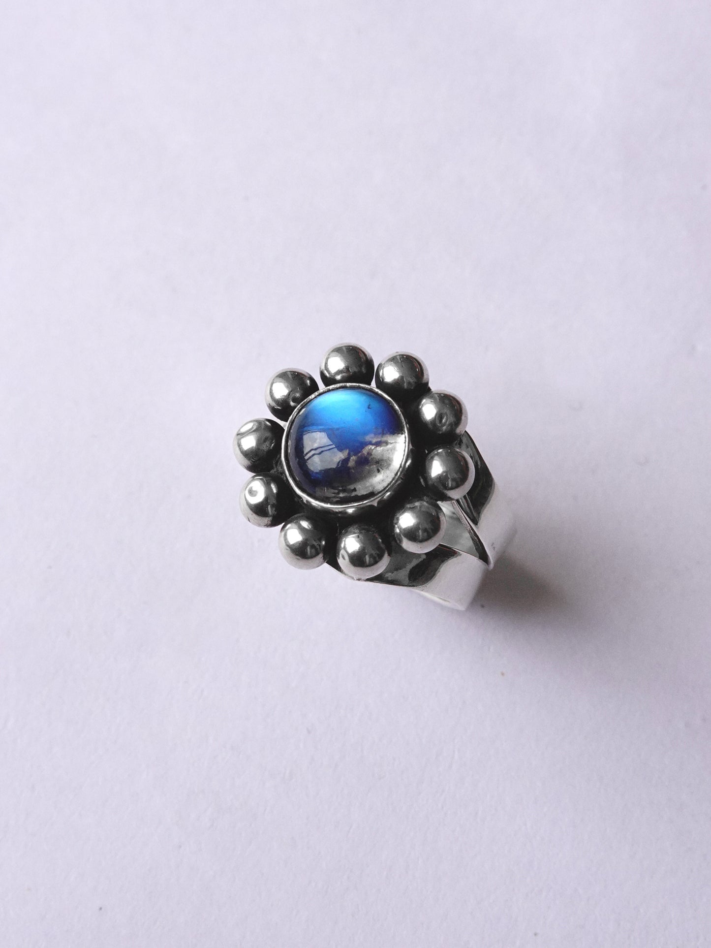 N118 - Phool Rainbow moonstone  Adjustable Silver Ring
