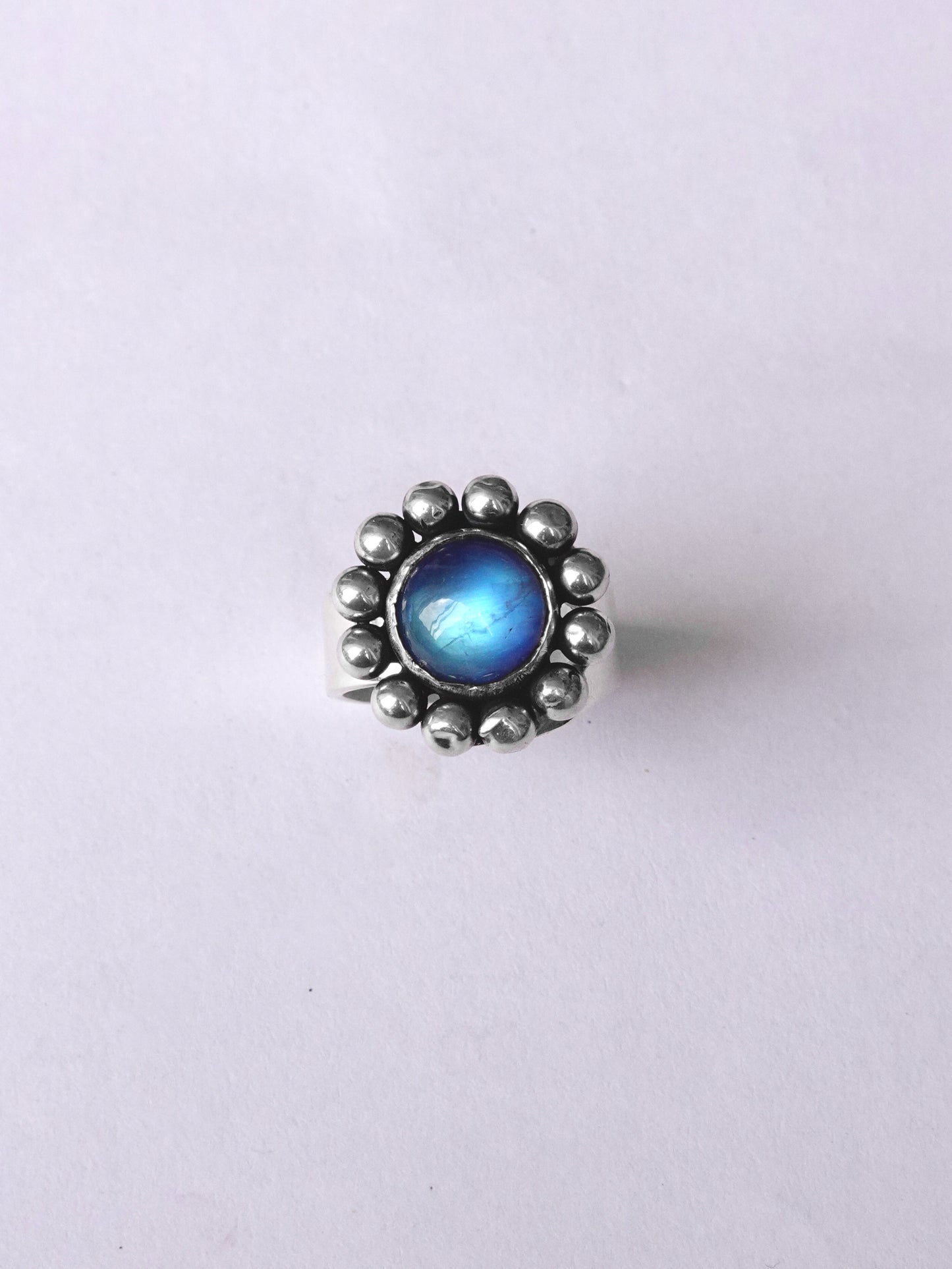 N117 - Phool Rainbow moonstone  Adjustable Silver Ring