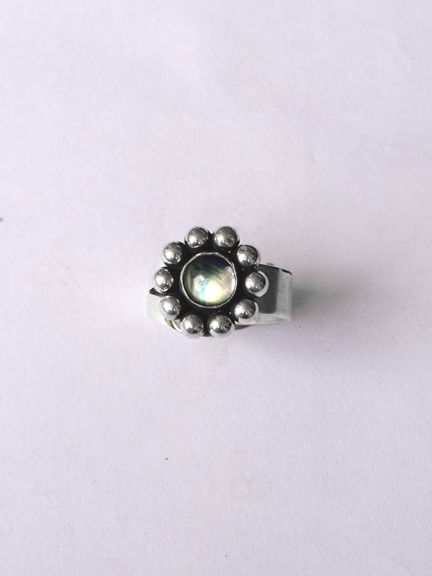 N116 - Phool Rainbow moonstone  Adjustable Silver Ring