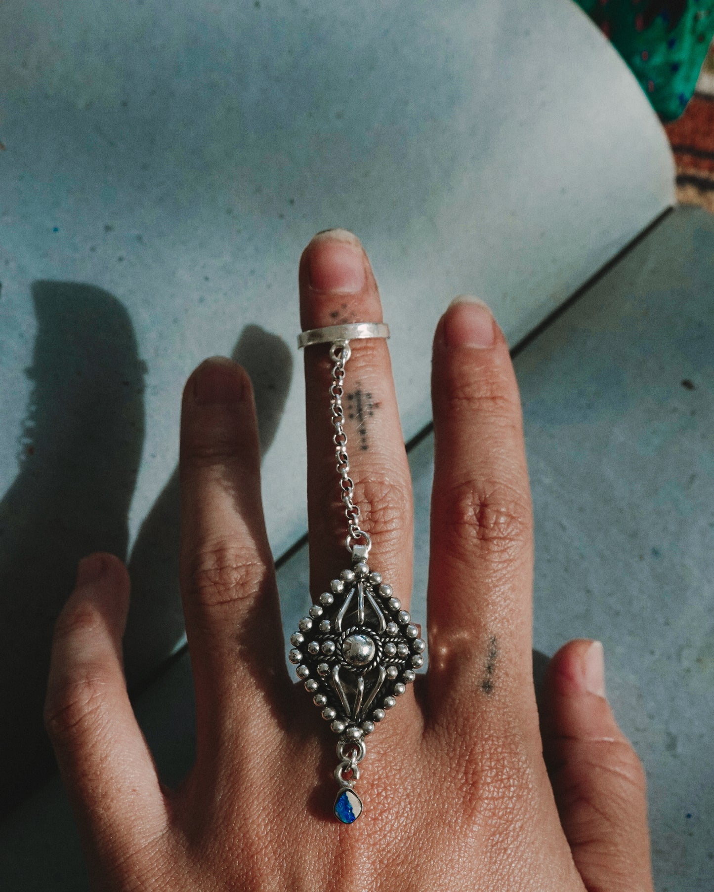 N122 - Australian Opal  Chain Adjustable Silver Ring