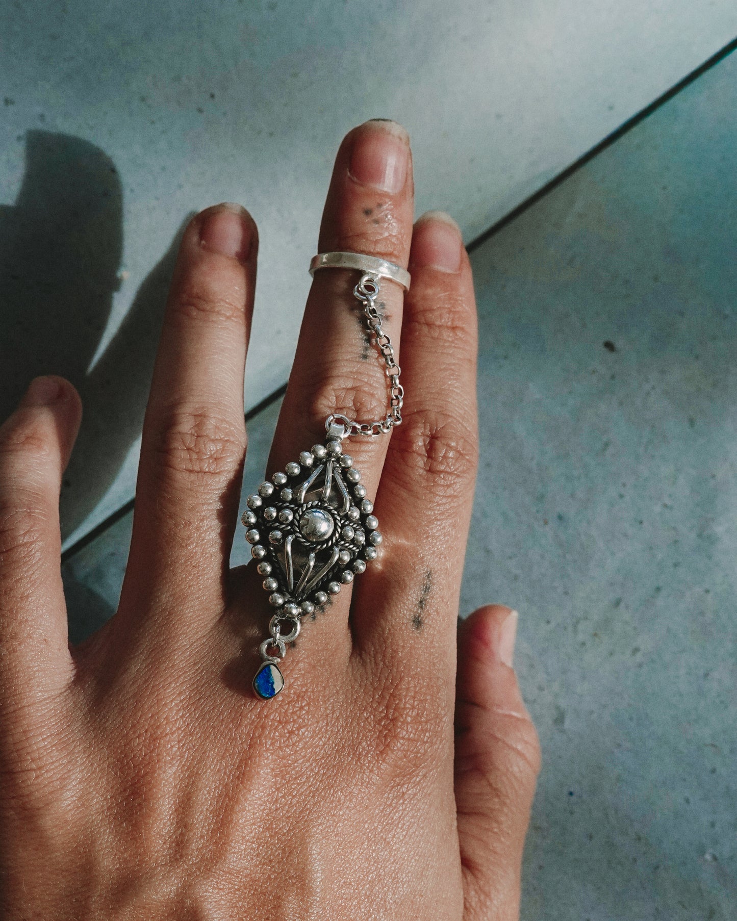 N122 - Australian Opal  Chain Adjustable Silver Ring