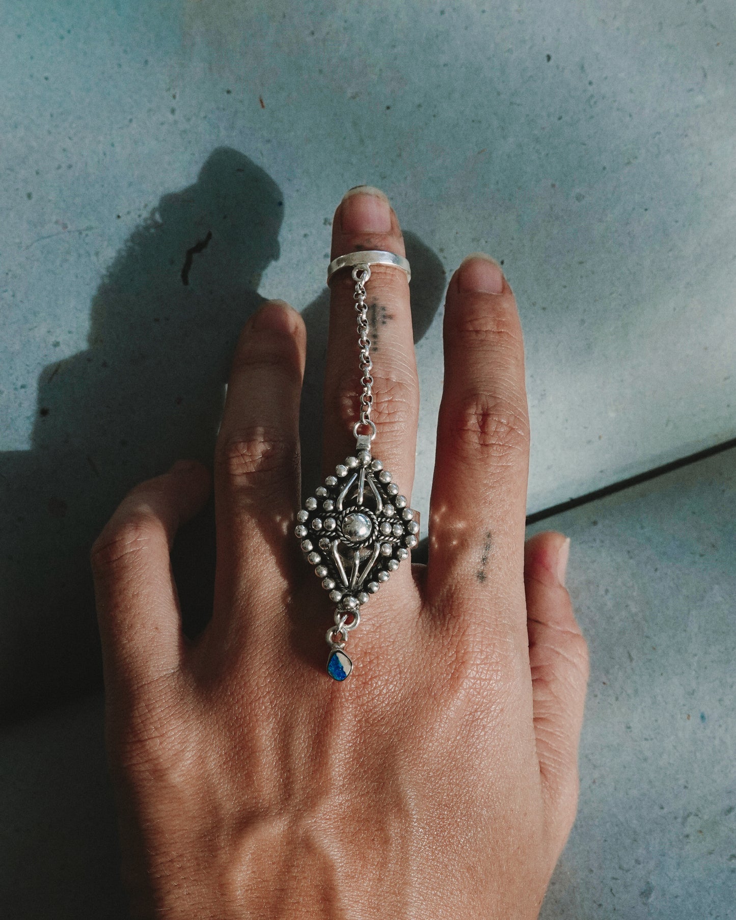 N122 - Australian Opal  Chain Adjustable Silver Ring