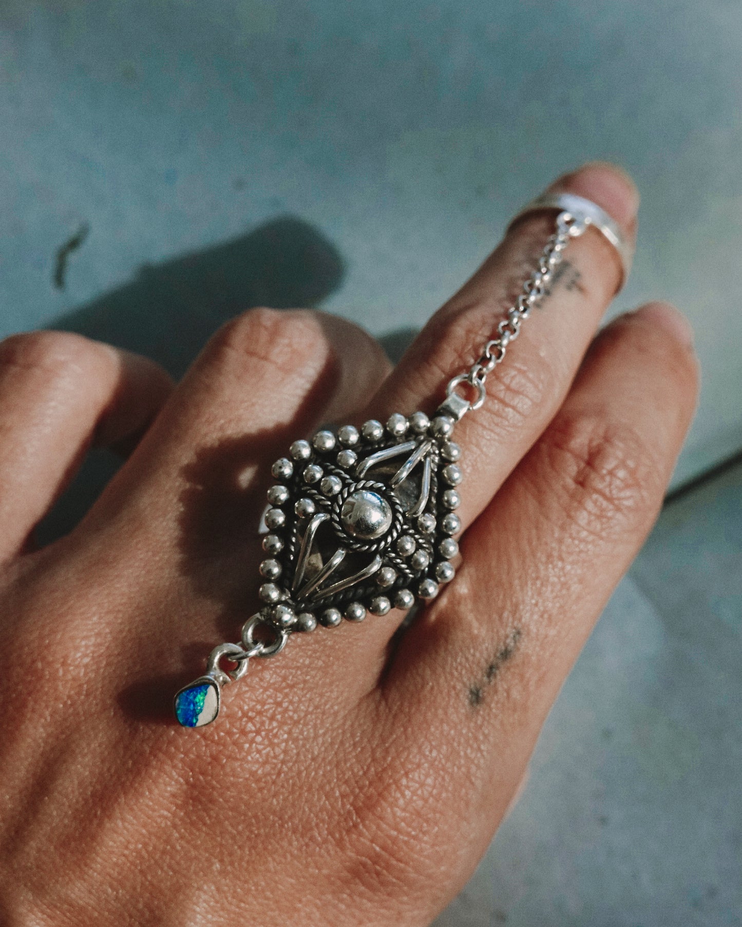 N122 - Australian Opal  Chain Adjustable Silver Ring