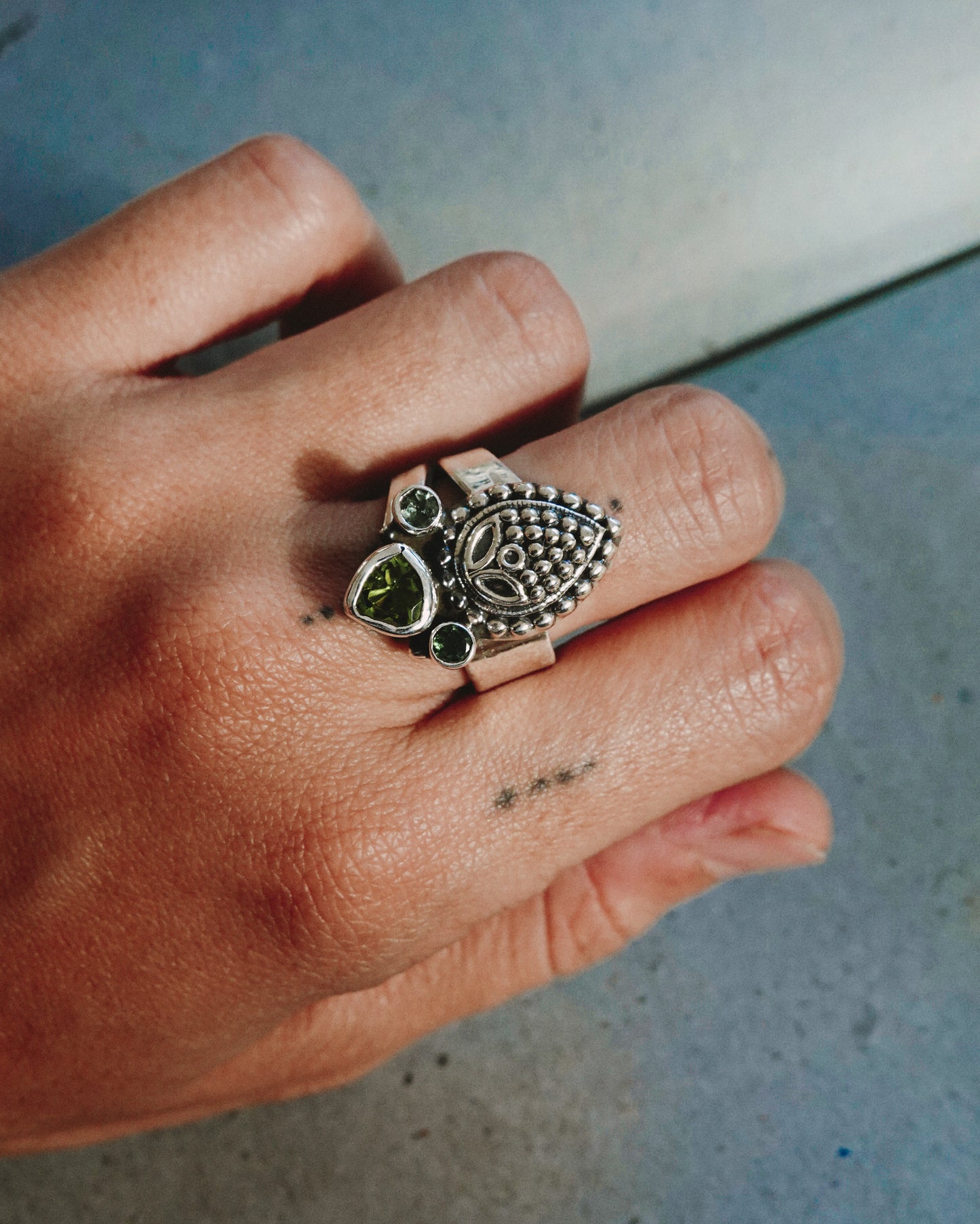 N108 - Natural Peridot  Adjustable Silver Ring