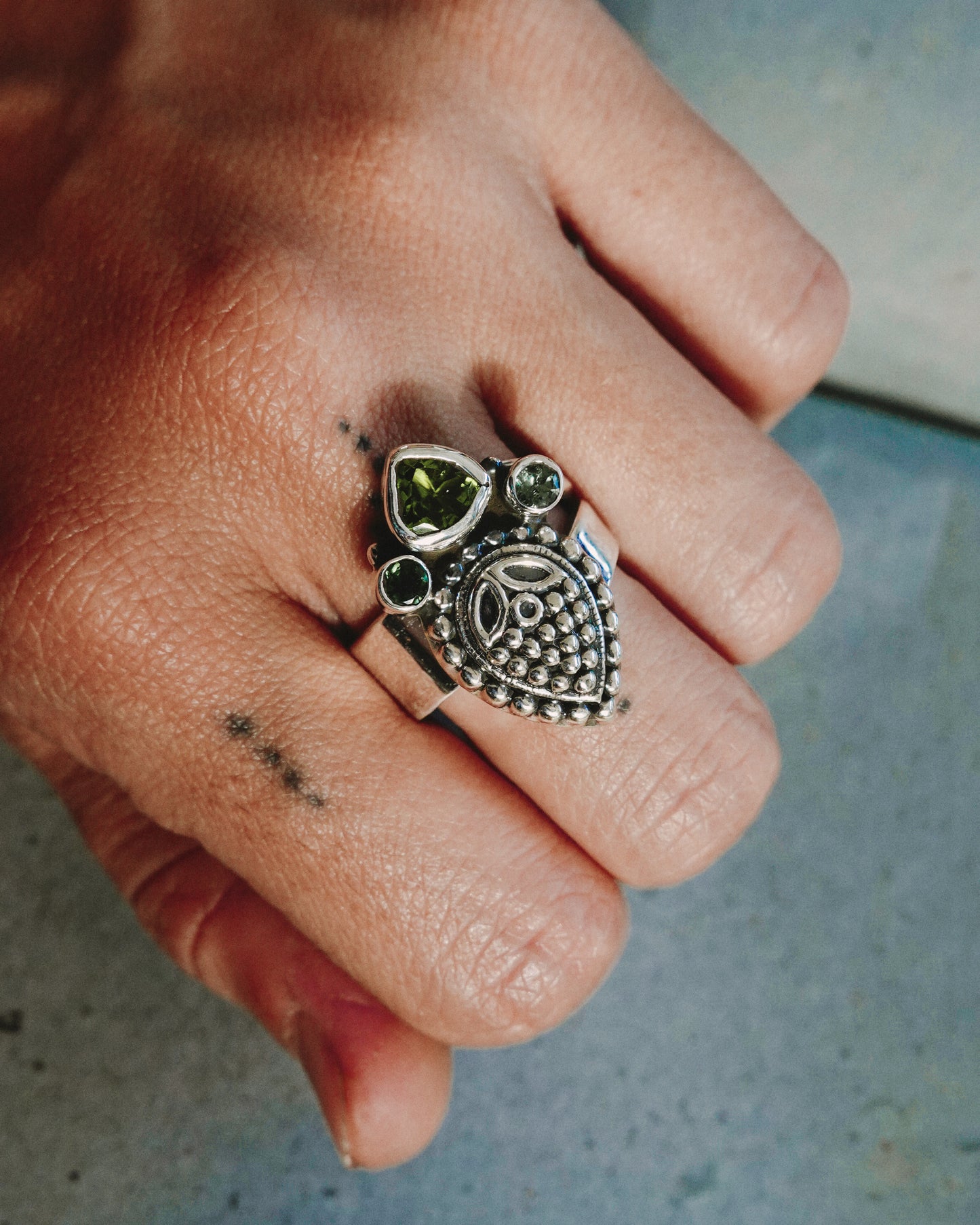 N108 - Natural Peridot  Adjustable Silver Ring