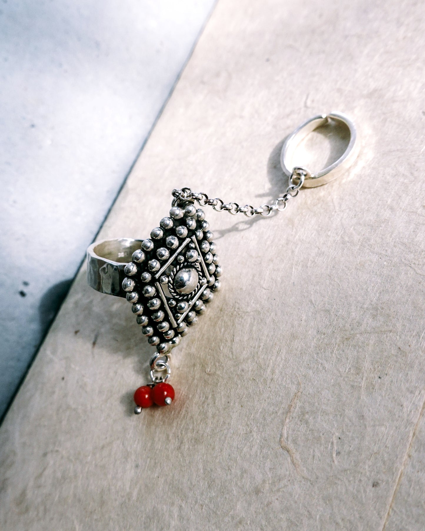 N107 -Natural Coral Adjustable Chain Silver Ring