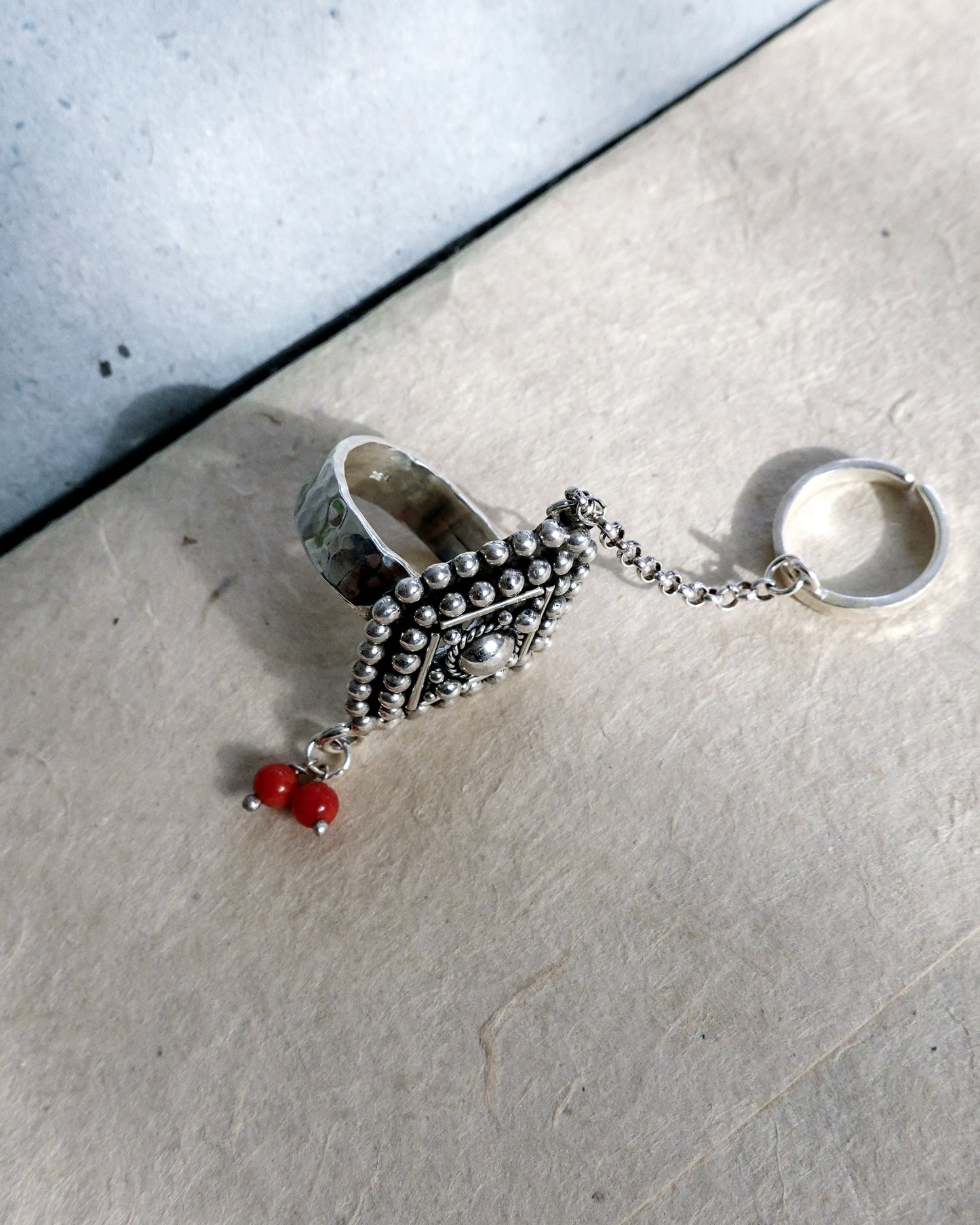 N107 -Natural Coral Adjustable Chain Silver Ring