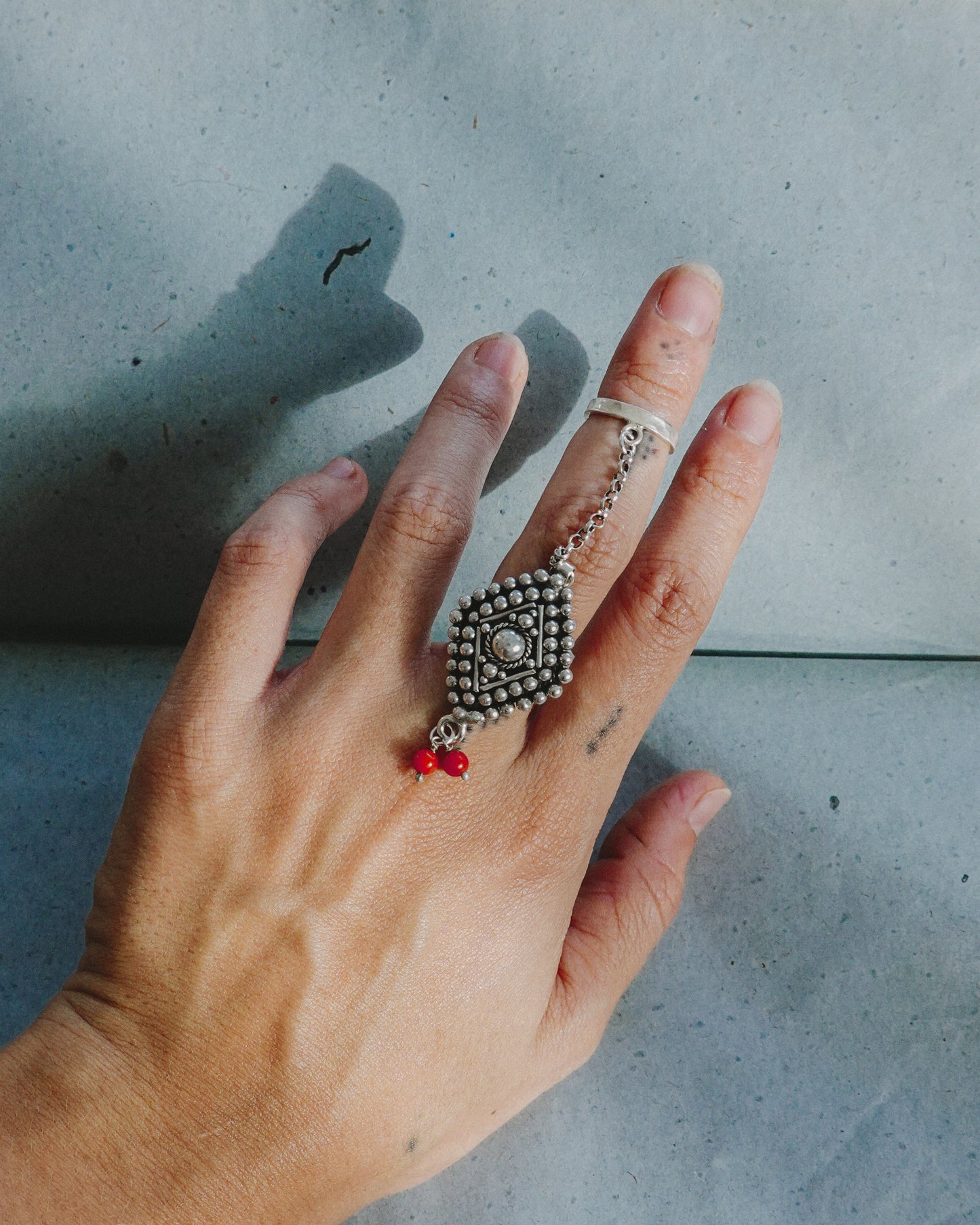 N107 -Natural Coral Adjustable Chain Silver Ring