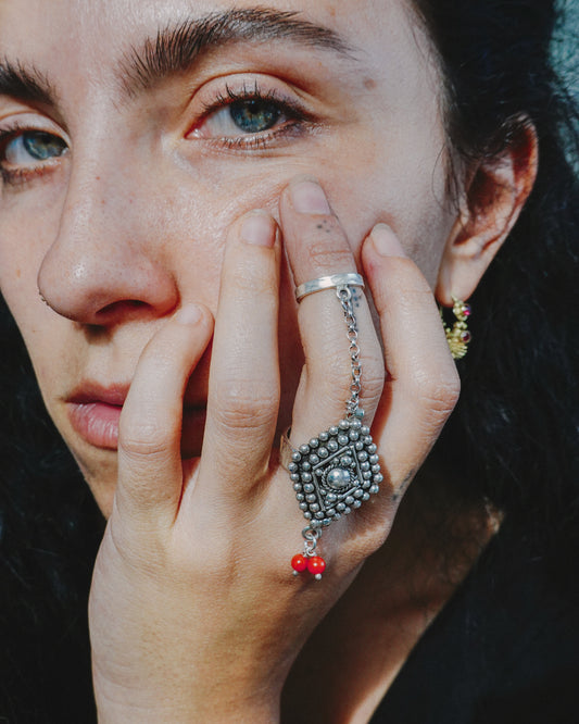 N107 -Natural Coral Adjustable Chain Silver Ring