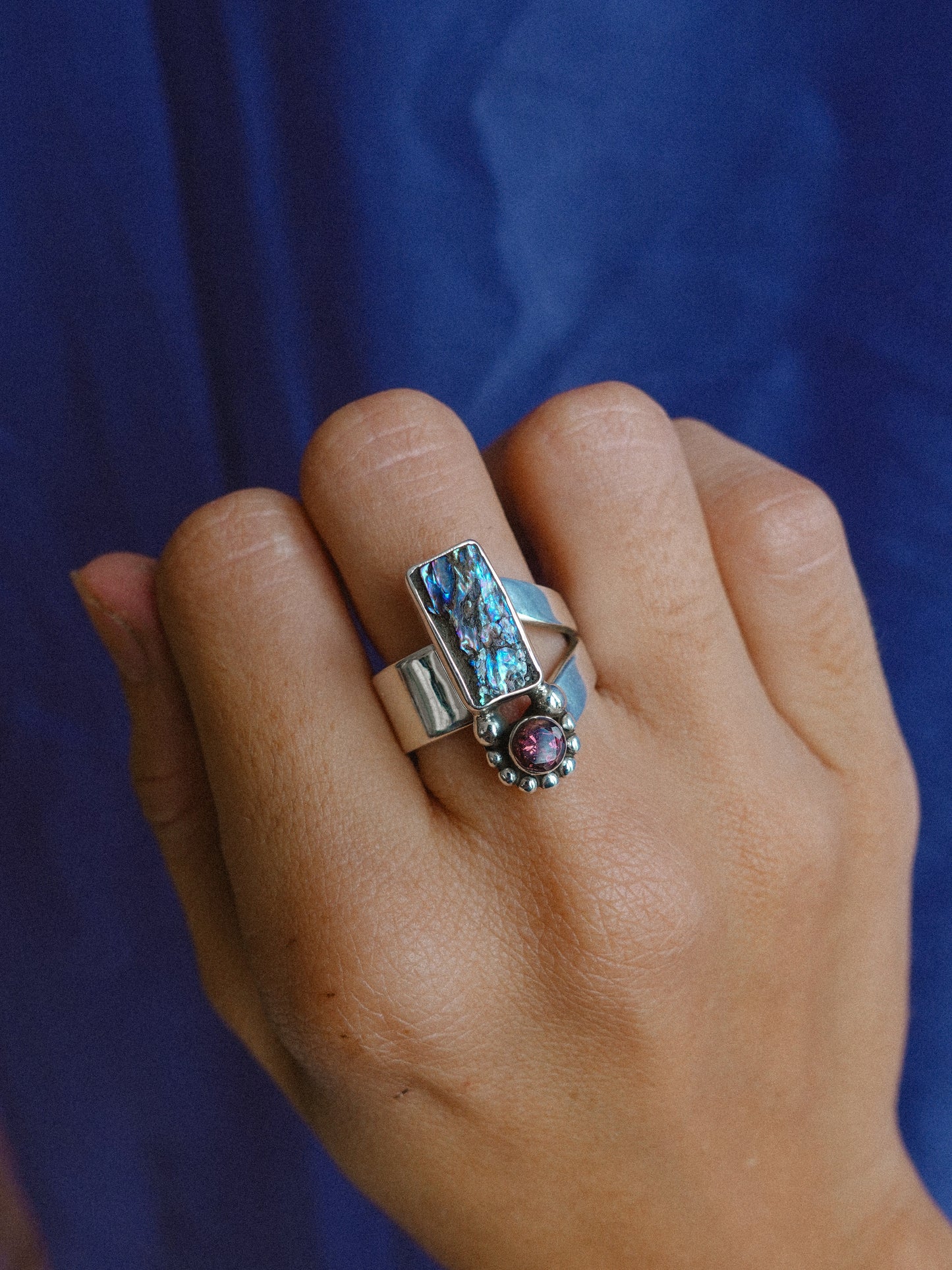 N70-  Abalone & turmaline  Silver 925 Adjustable Ring