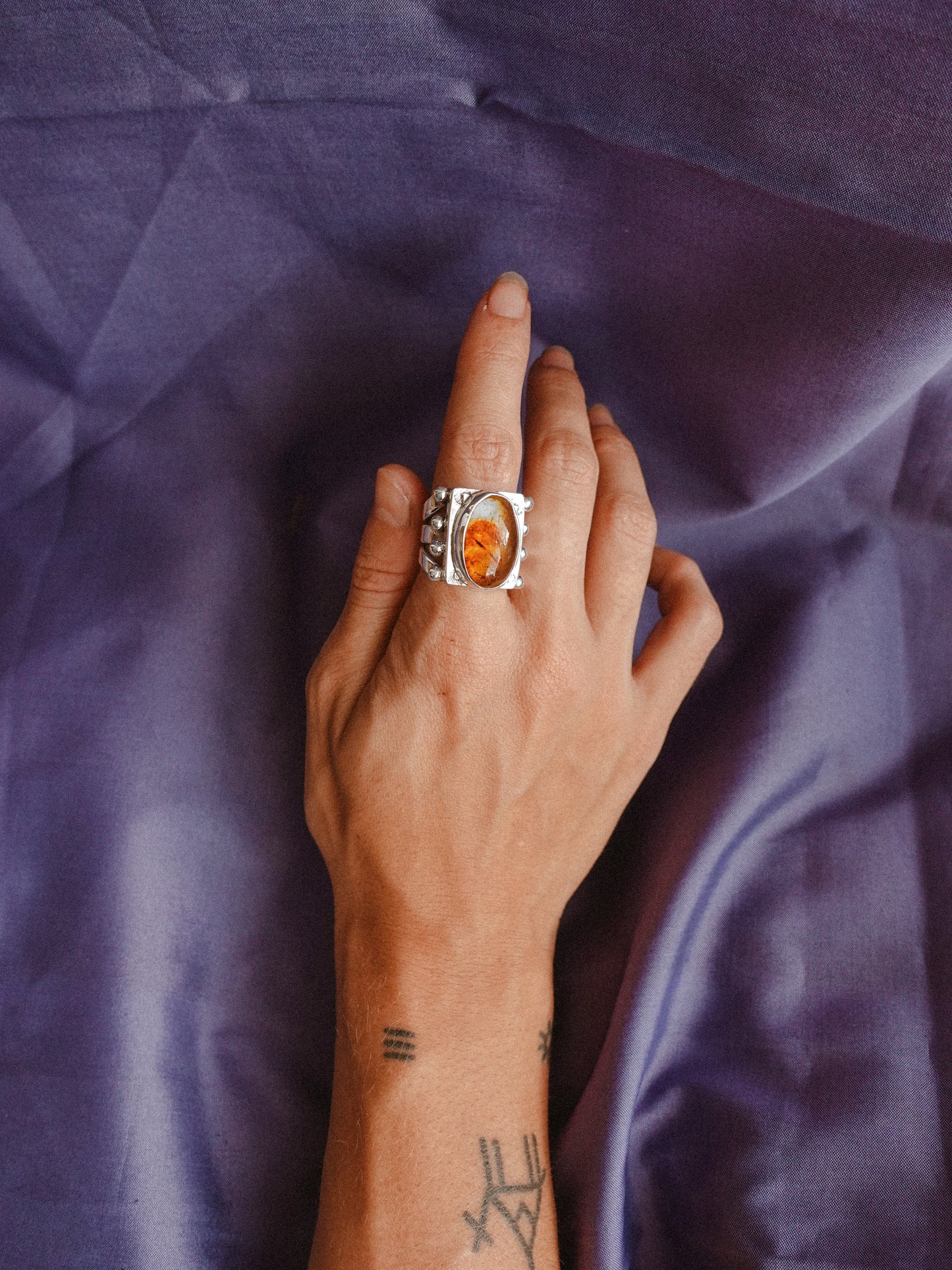 N77-  Mexican Amber  Silver 925 Adjustable Ring