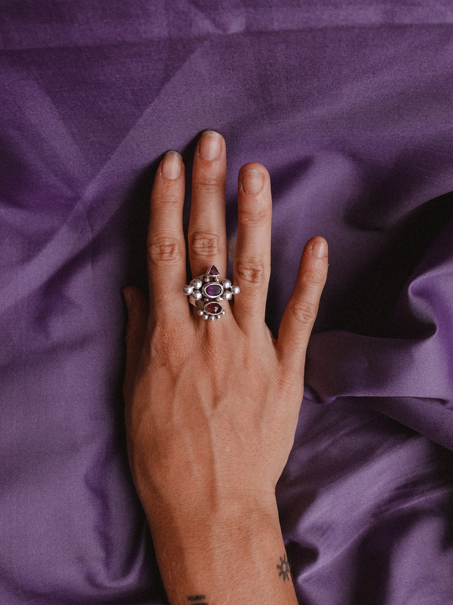 N73-  Amethyst & turmaline  Silver 925 Adjustable Ring