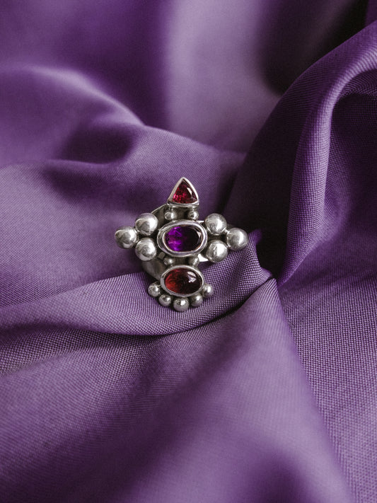 N73-  Amethyst & turmaline  Silver 925 Adjustable Ring