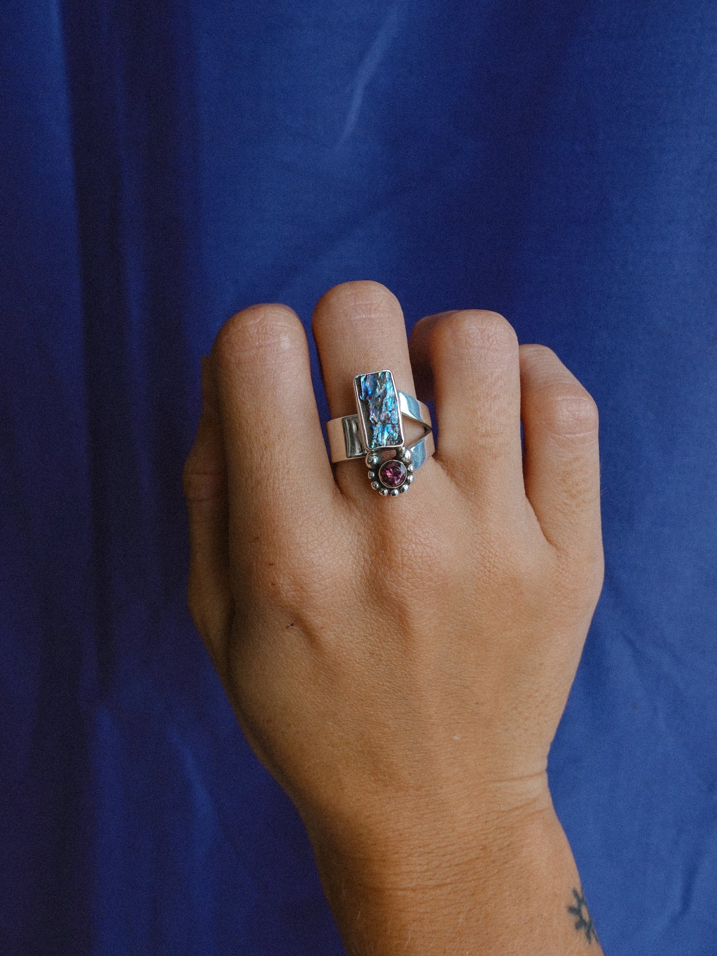 N70-  Abalone & turmaline  Silver 925 Adjustable Ring