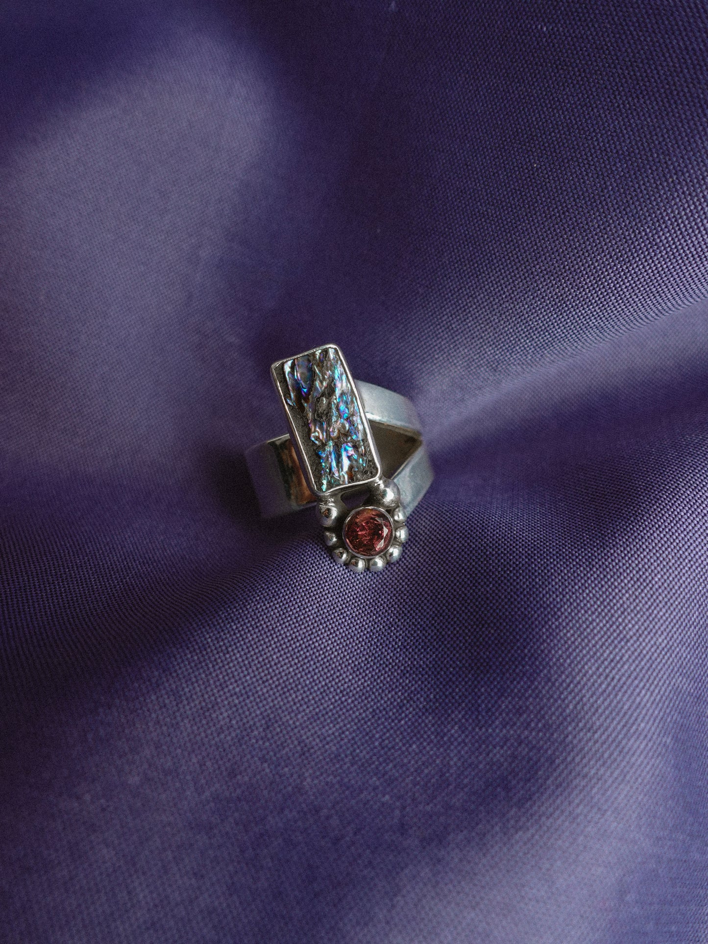 N70-  Abalone & turmaline  Silver 925 Adjustable Ring