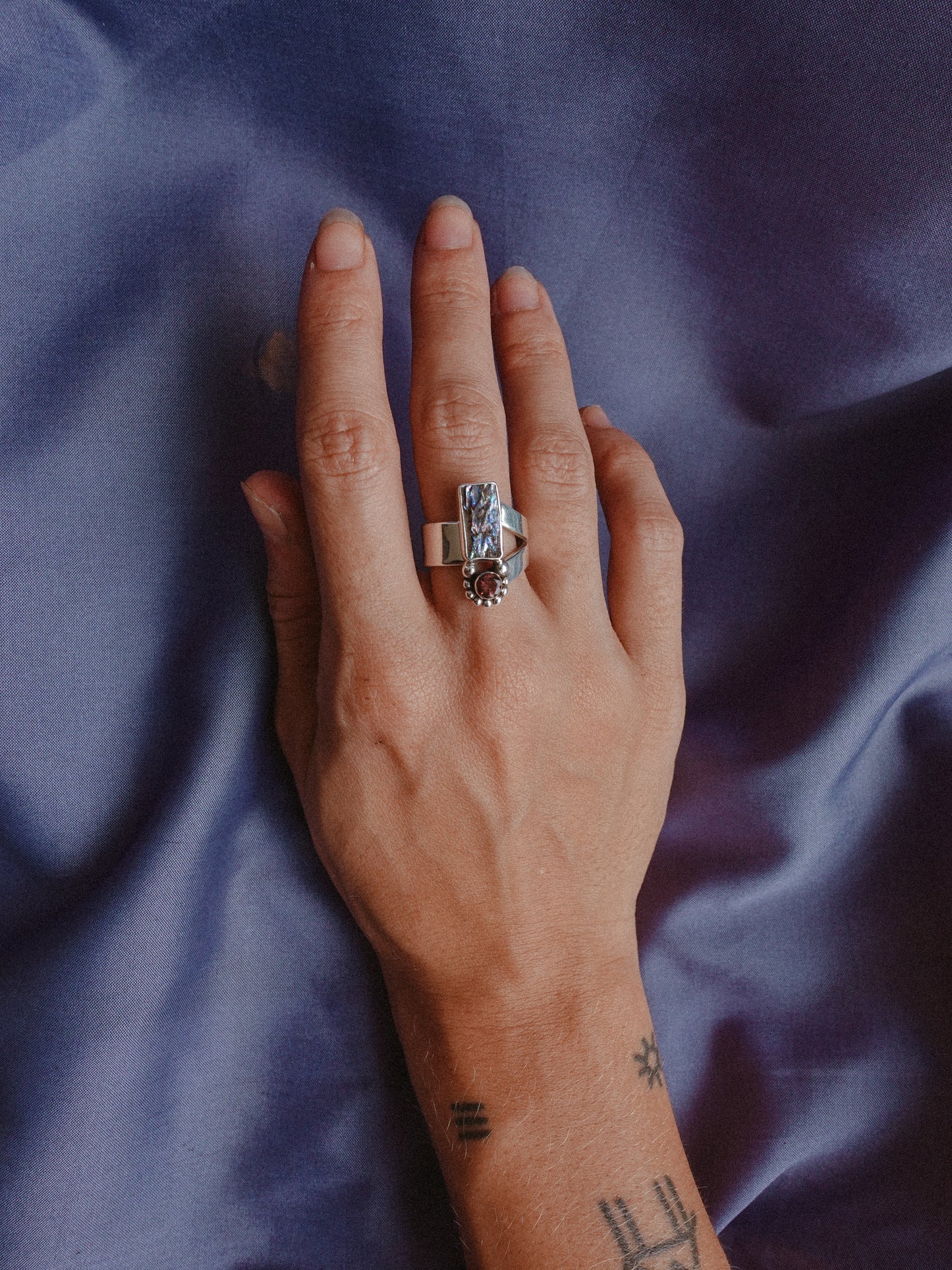 N70-  Abalone & turmaline  Silver 925 Adjustable Ring