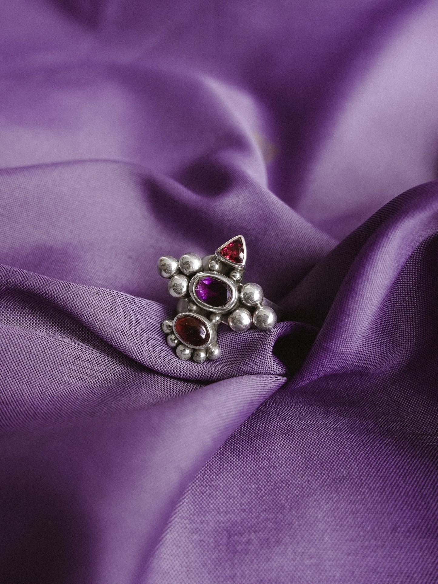 N73-  Amethyst & turmaline  Silver 925 Adjustable Ring