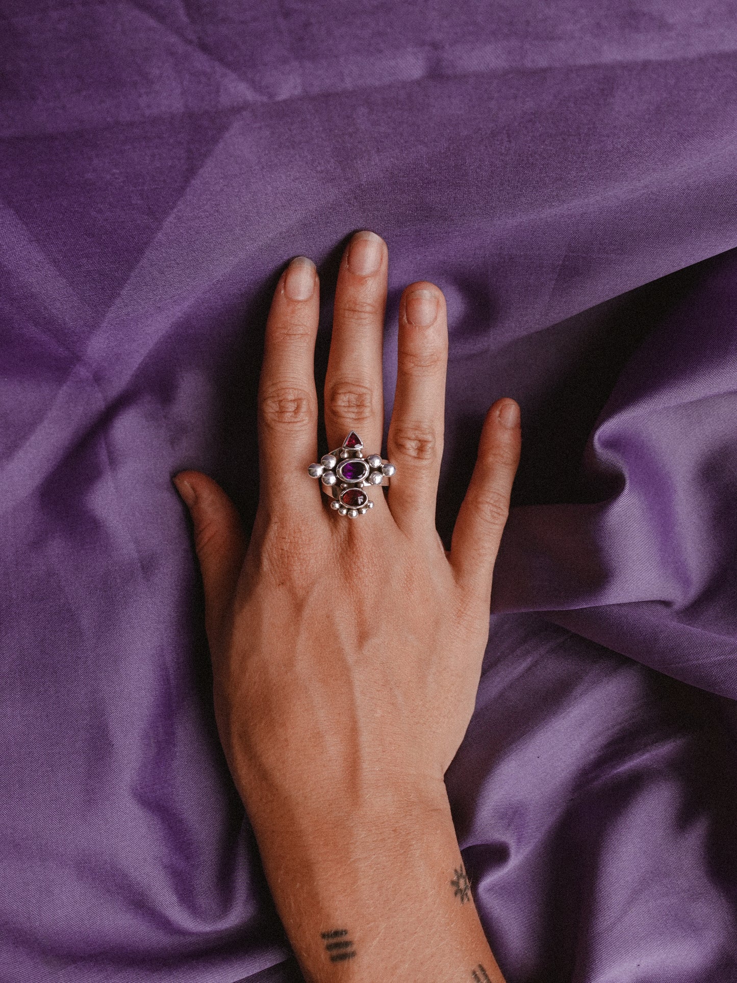 N73-  Amethyst & turmaline  Silver 925 Adjustable Ring