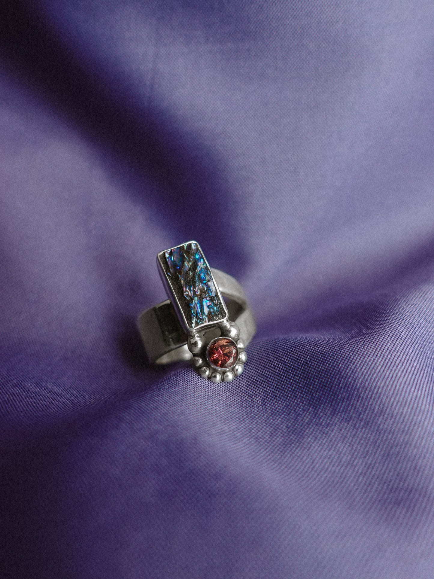 N70-  Abalone & turmaline  Silver 925 Adjustable Ring