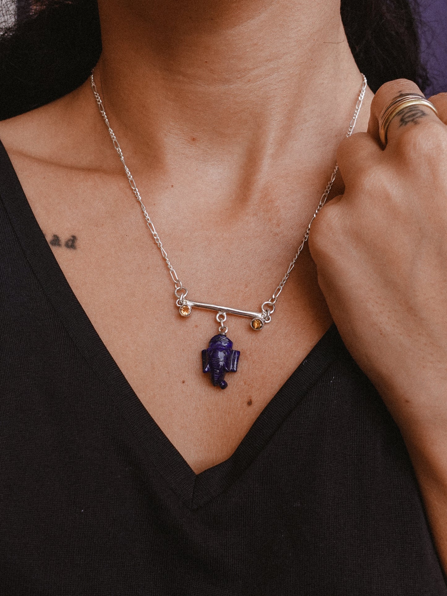 N89- Lord Ganesh icon Lapis-Lazuli, Wisdom, Protection, and good fortune, with Orange garnet