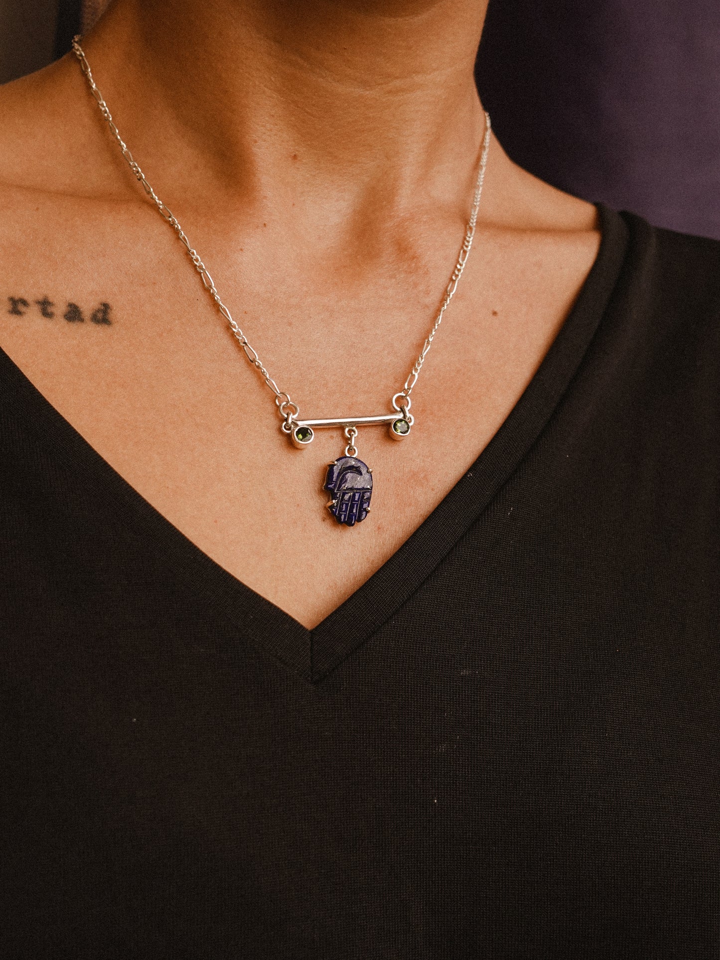 N86- Protection Lapis lazuli Hand with duo of  Tourmalines