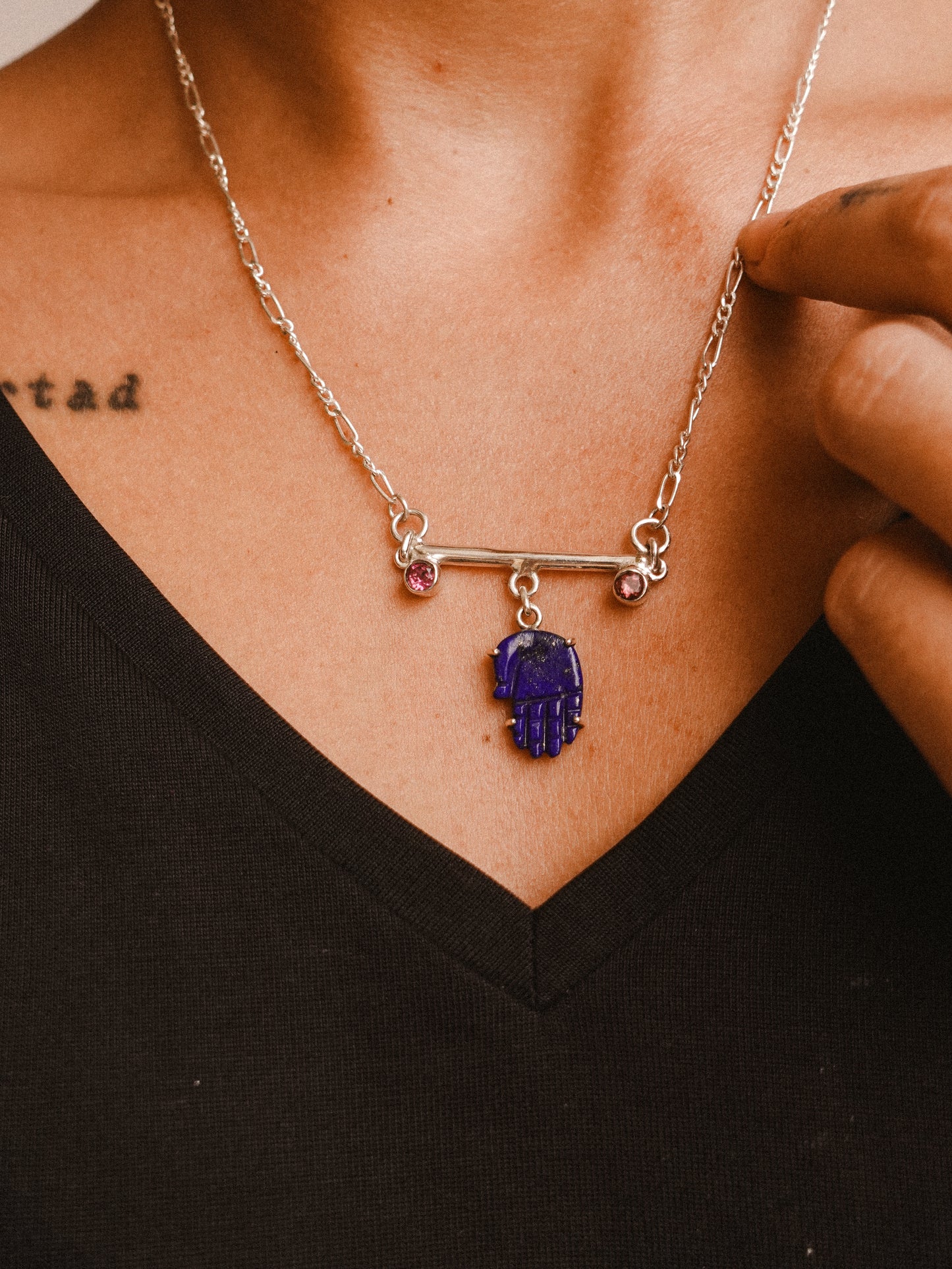 N86- Protection Lapis lazuli Hand with duo of  Tourmalines