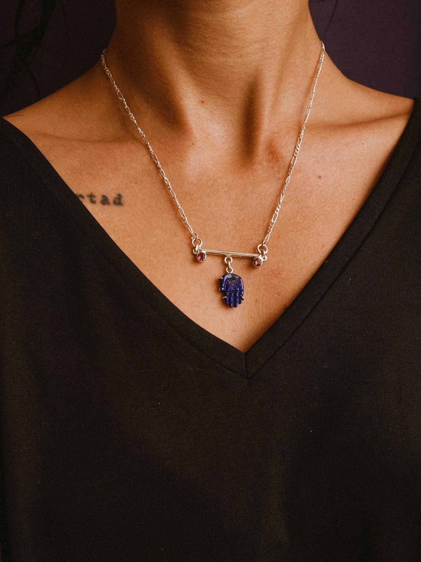 N86- Protection Lapis lazuli Hand with duo of  Tourmalines