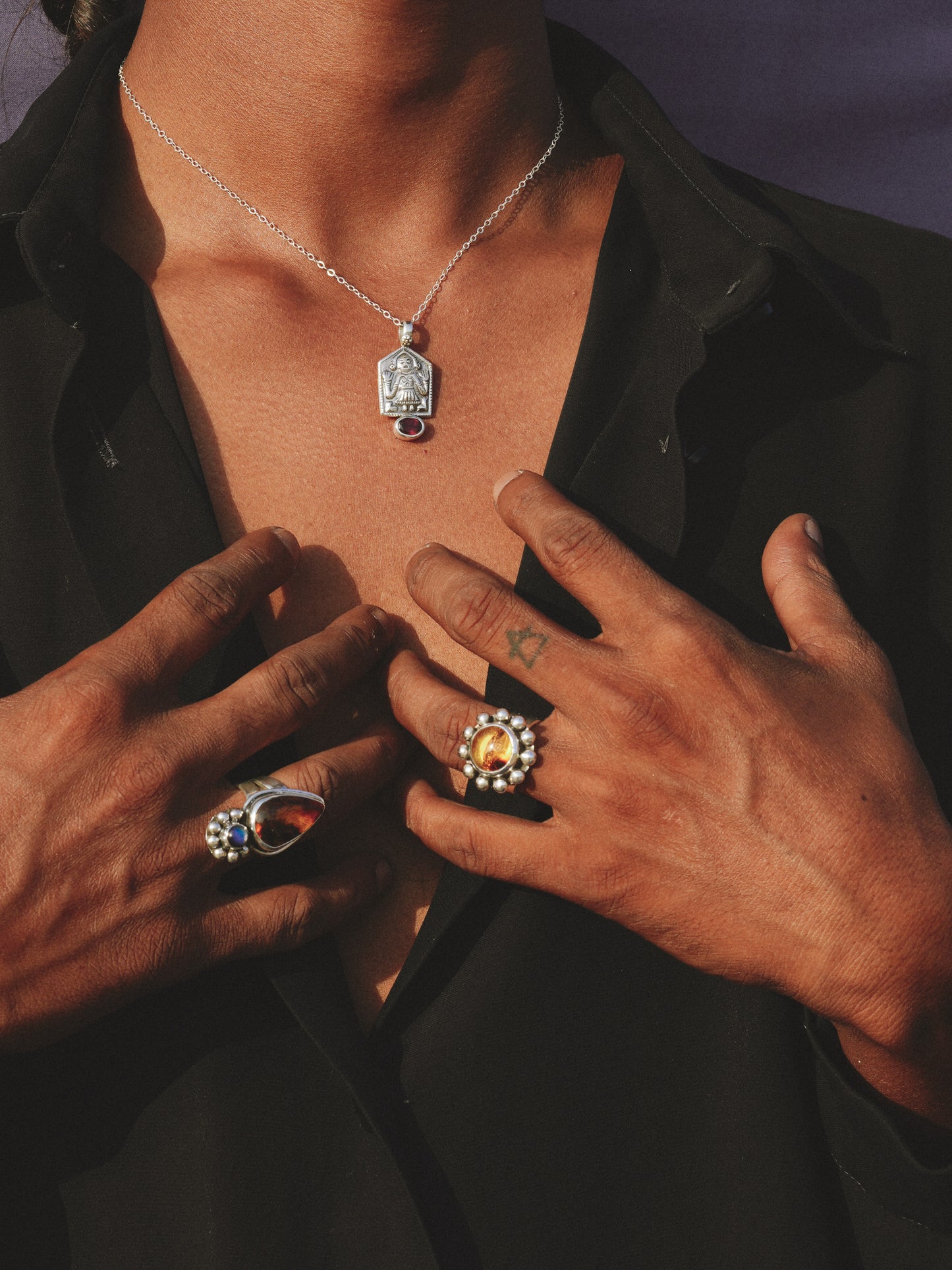 N81- AHOI MATA icon Necklace  Silver 925 Handamade with faceted garnet