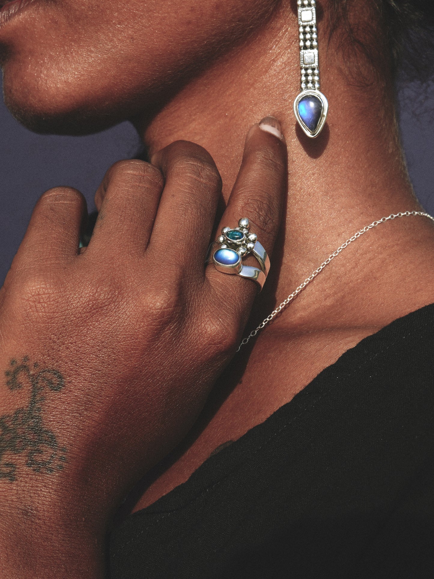 N71-  Moonstone & tormalina  Silver 925 Adjustable Ring