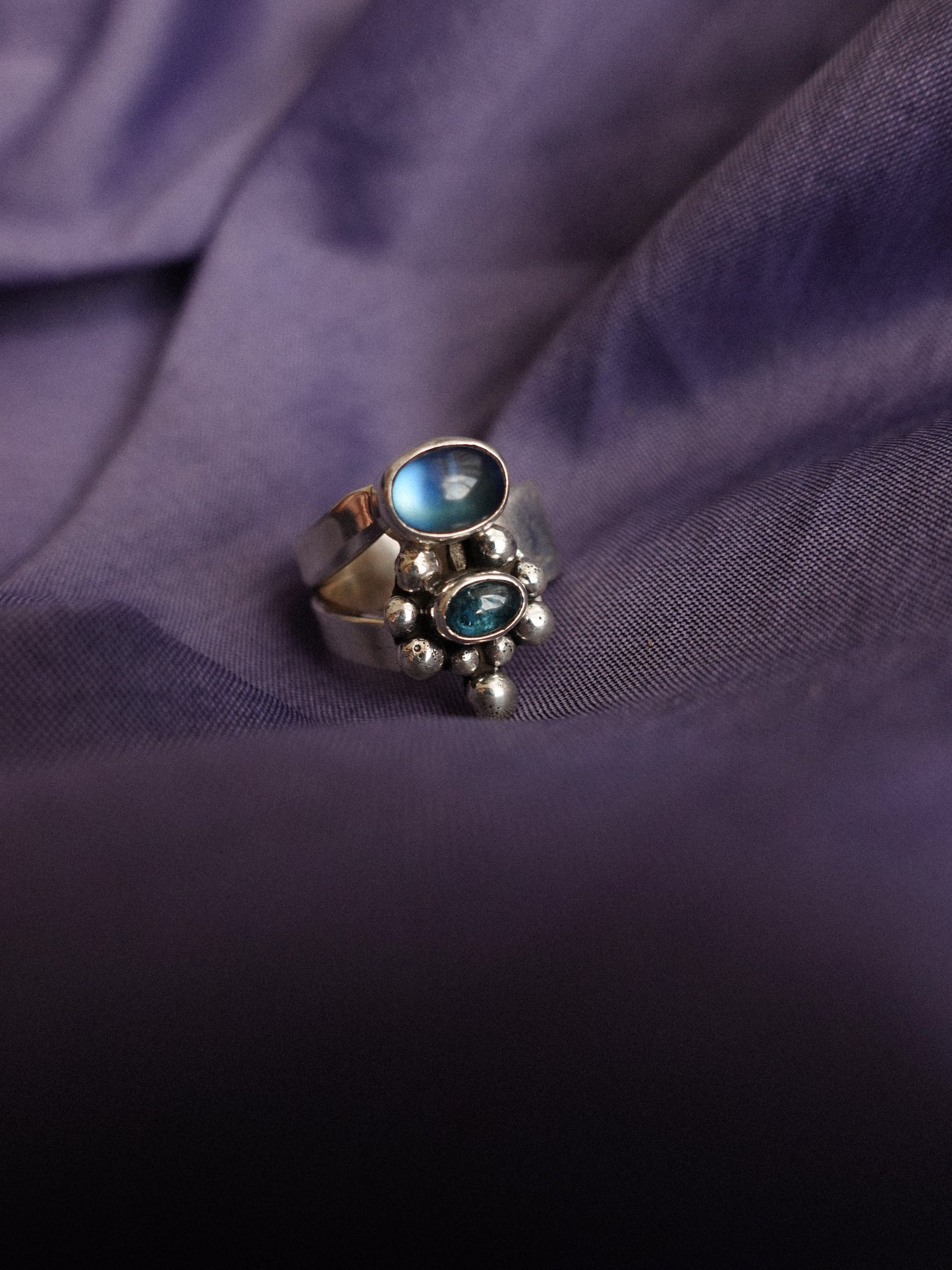 N71-  Moonstone & tormalina  Silver 925 Adjustable Ring