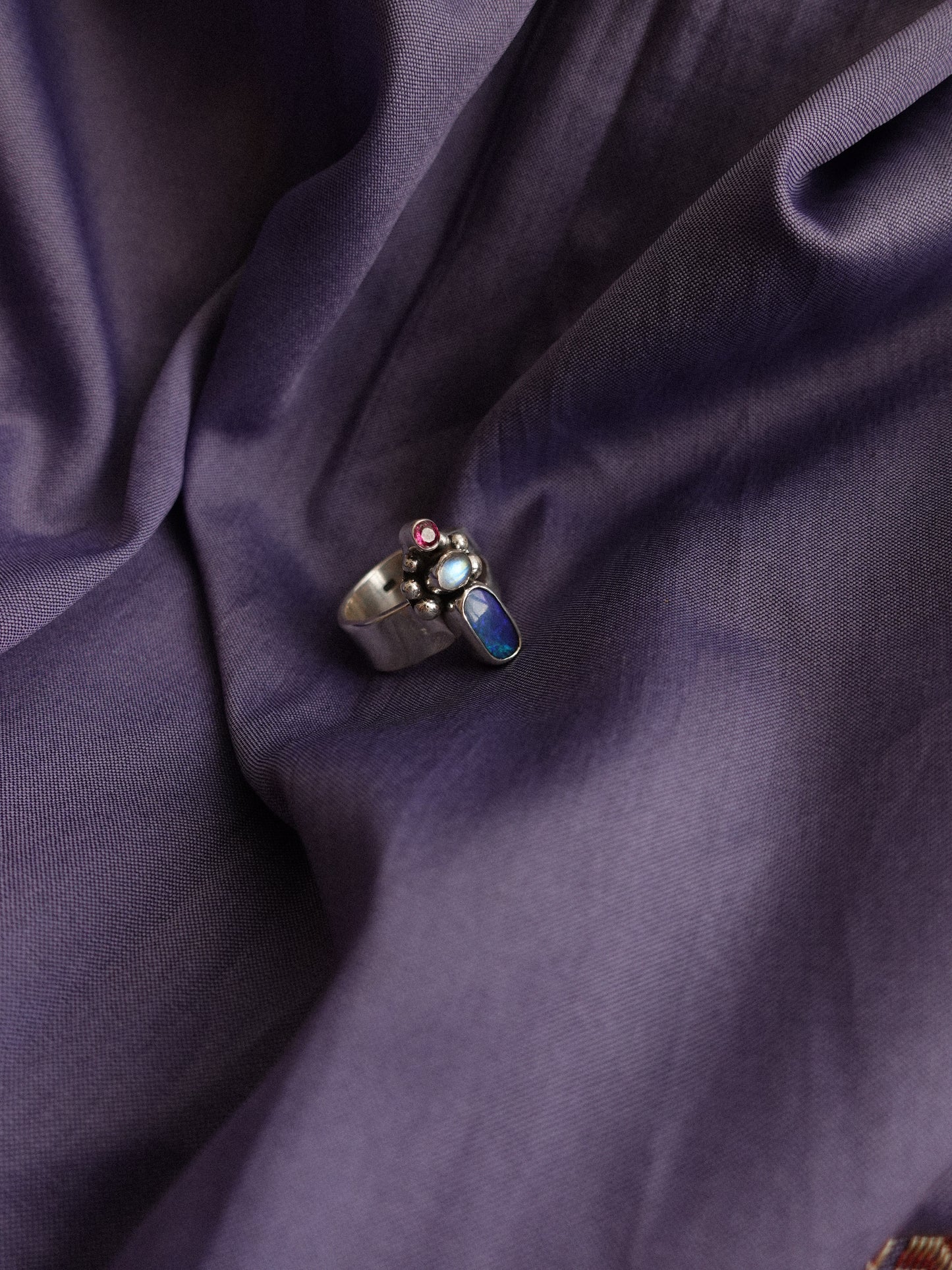 N78-  Australian Opal, Rainbow Moonstone, faceted Turmaline  Silver 925 Adjustable Ring