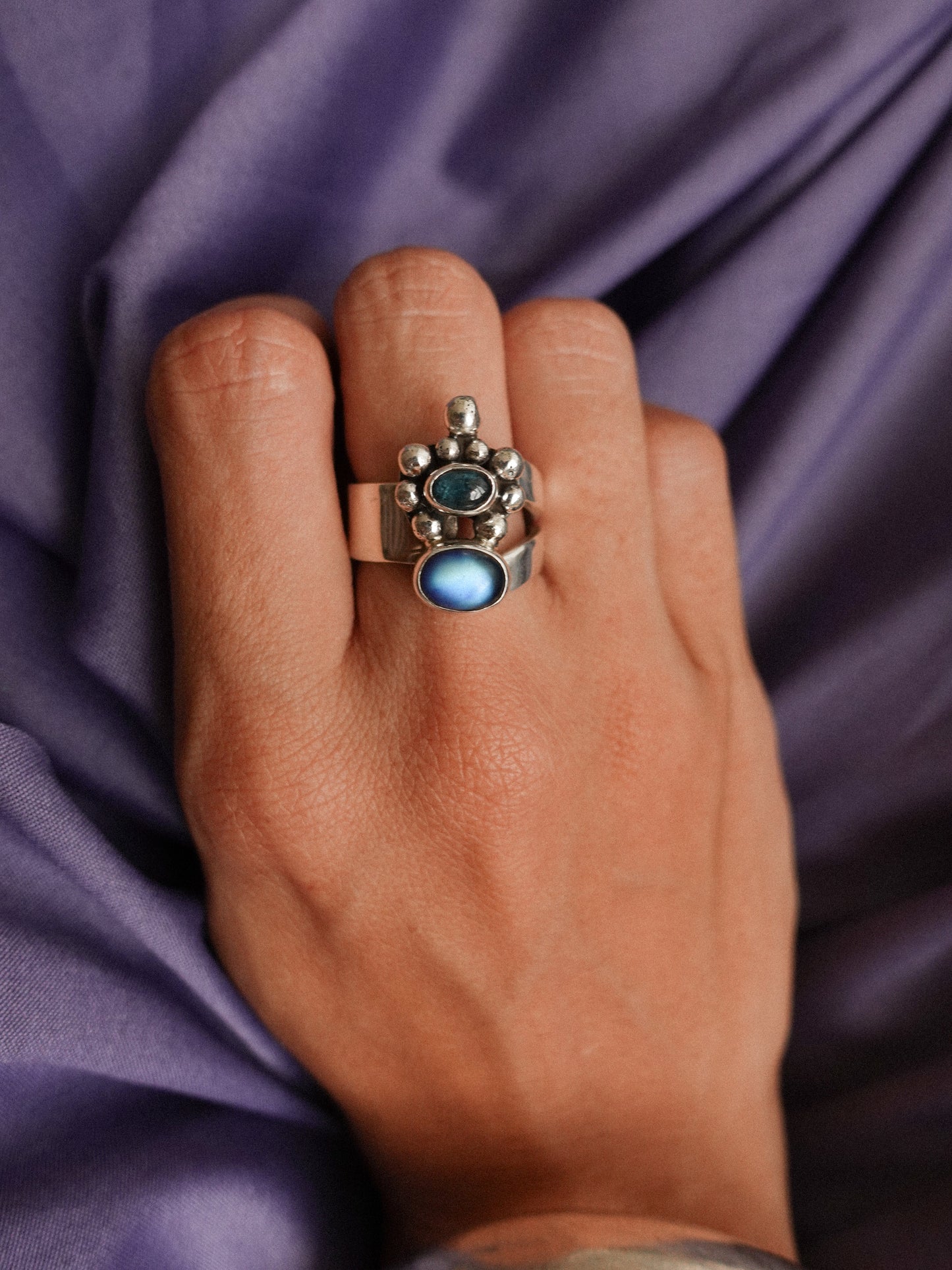 N71-  Moonstone & tormalina  Silver 925 Adjustable Ring